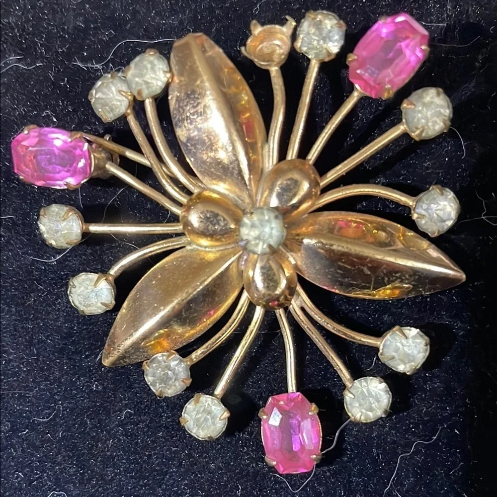 Vintage 10K filled  Gold and Pink rhinestone Floral Brooch